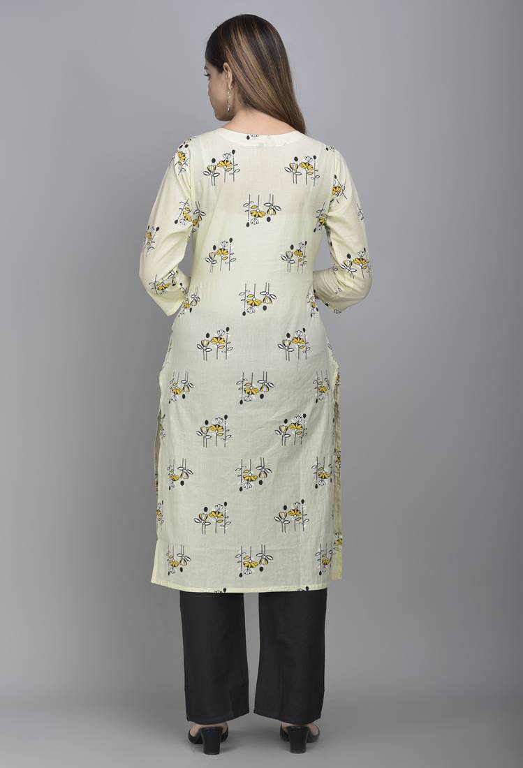 Jaipur Fashion Mode Womens Cotton and Chanderi Floral Print Straight Kurta Palazzo Duptta Set (Cream)