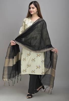 Jaipur Fashion Mode Womens Cotton and Chanderi Floral Print Straight Kurta Palazzo Duptta Set (Cream) 4