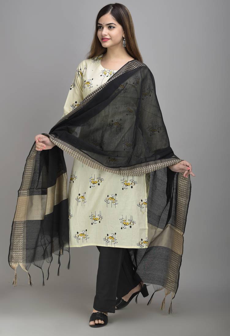 Jaipur Fashion Mode Womens Cotton and Chanderi Floral Print Straight Kurta Palazzo Duptta Set (Cream)