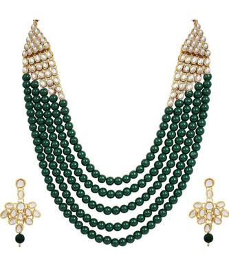 Wedding Collection Green 5 Layer Pearl and Kundan Rani Haar Necklace Jewellery Set with Earrings for Women 1