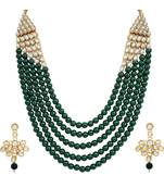 Wedding Collection Green 5 Layer Pearl and Kundan Rani Haar Necklace Jewellery Set with Earrings for Women