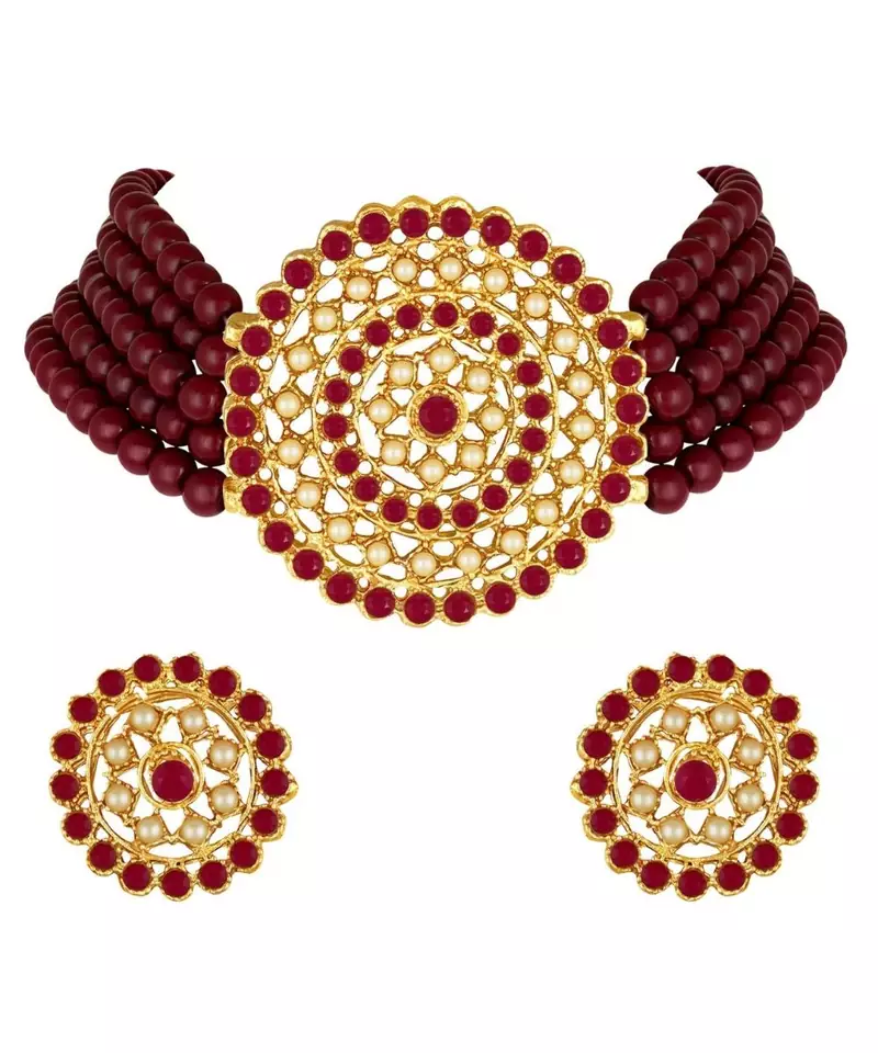 Red Alloy and Pearl Choker Necklace Set for Women