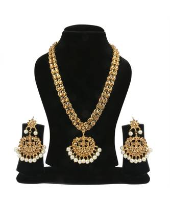 Gold Plated Antique Rani Haar Kundan White Pearl Drop Necklace Set 1