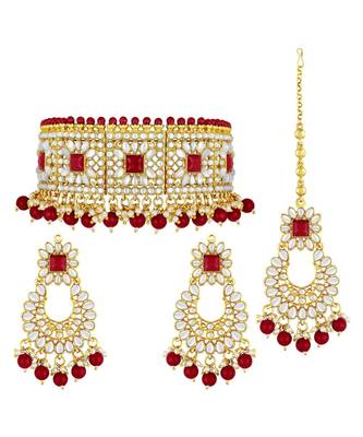 Bridal Kudan Choker Gold Plated Grey Necklace Set for Women 2