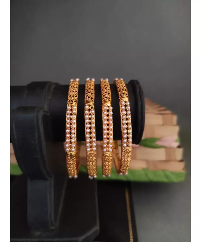 Gold Plated Pearl Bangle Set of 4