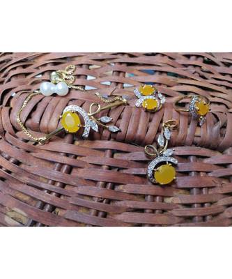 American Diamond Yellow Colored Gold Plated Necklace Set with Earring, Ring and Bracelet for Women & Girls 2