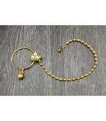 Kundan Studded Gold Plated Non Pierced Adjustable Traditional Floral Nose Ring Nath for Women with Pearl Chain