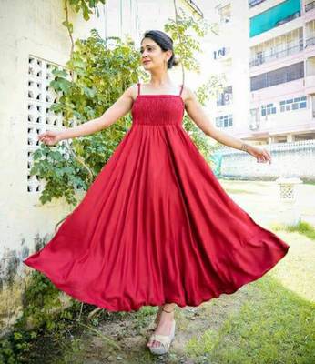 Red plain viscose rayon maxi-dresses 1