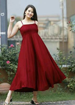 Maroon plain viscose rayon maxi-dresses 1