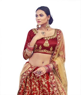 Maroon thread embroidery satin semi stitched lehenga 1
