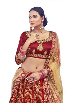 Maroon thread embroidery satin semi stitched lehenga
