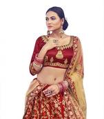 Maroon thread embroidery satin semi stitched lehenga
