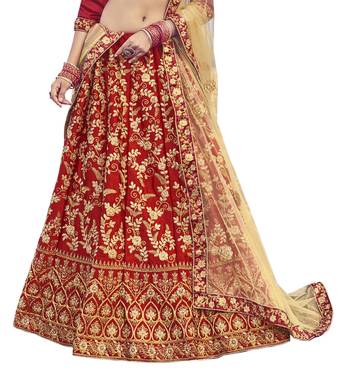Maroon thread embroidery satin semi stitched lehenga 2