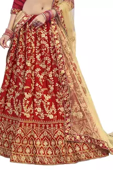 Maroon thread embroidery satin semi stitched lehenga