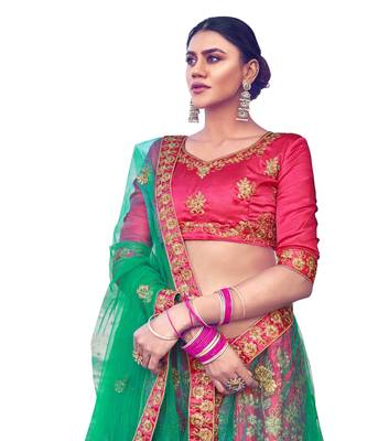 Pink thread embroidery satin semi stitched lehenga 1