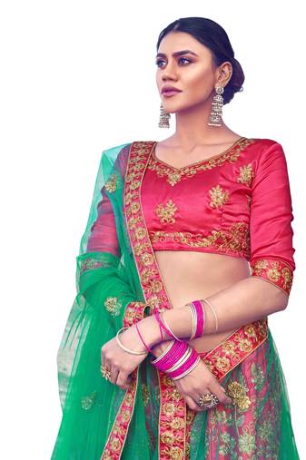 Pink thread embroidery satin semi stitched lehenga