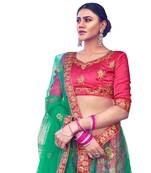 Pink thread embroidery satin semi stitched lehenga