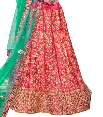 Pink thread embroidery satin semi stitched lehenga 2
