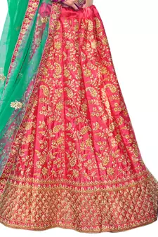 Pink thread embroidery satin semi stitched lehenga