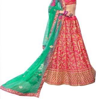 Pink thread embroidery satin semi stitched lehenga 3