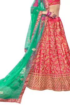 Pink thread embroidery satin semi stitched lehenga