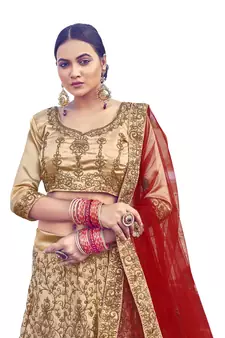 Beige thread embroidery satin semi stitched lehenga