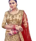 Beige thread embroidery satin semi stitched lehenga