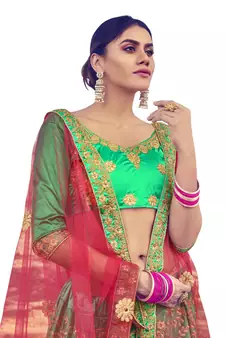Green thread embroidery satin semi stitched lehenga