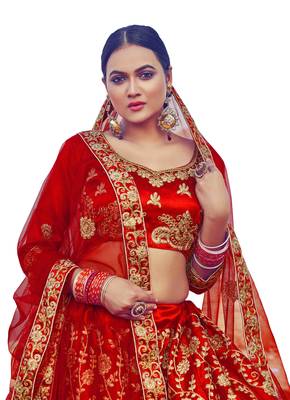 Red thread embroidery satin semi stitched lehenga 1