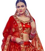 Red thread embroidery satin semi stitched lehenga