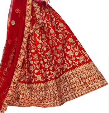 Red thread embroidery satin semi stitched lehenga 2