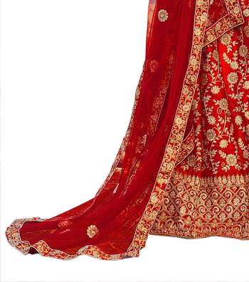 Red thread embroidery satin semi stitched lehenga 3