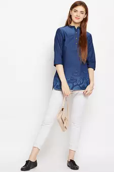 Navy-blue printed denim tunics