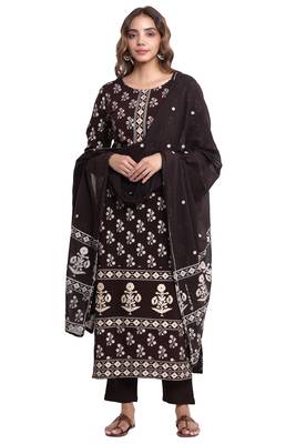 F Womens Rayon Handblock Print Straight Kurta Palazzo Dupatta (Coffee Brown) 1
