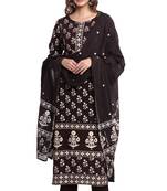F Womens Rayon Handblock Print Straight Kurta Palazzo Dupatta (Coffee Brown)