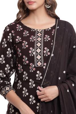F Womens Rayon Handblock Print Straight Kurta Palazzo Dupatta (Coffee Brown) 2