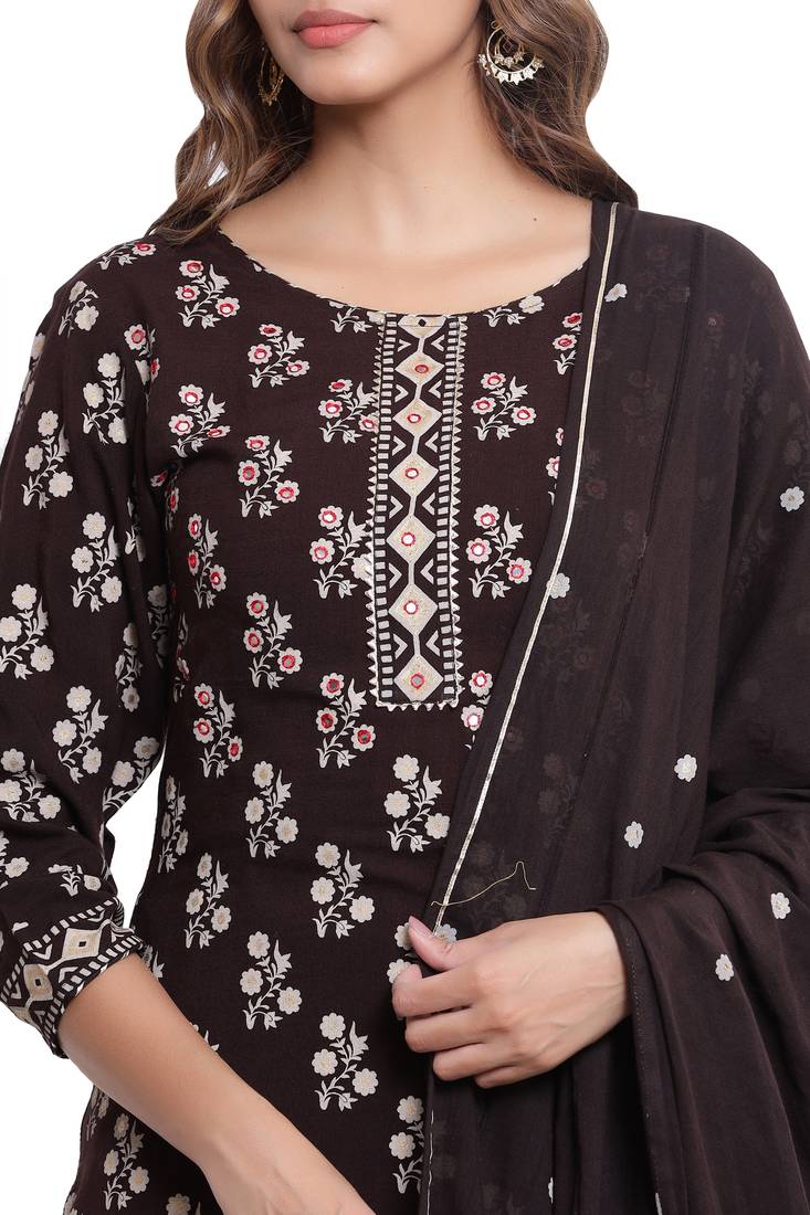 F Womens Rayon Handblock Print Straight Kurta Palazzo Dupatta (Coffee Brown)