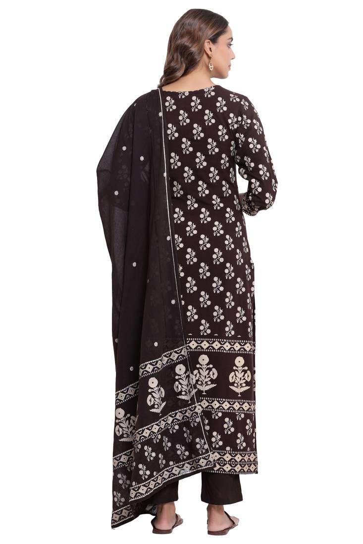 F Womens Rayon Handblock Print Straight Kurta Palazzo Dupatta (Coffee Brown)