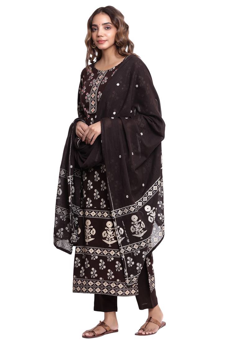 F Womens Rayon Handblock Print Straight Kurta Palazzo Dupatta (Coffee Brown)