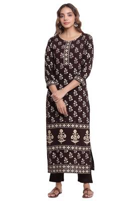 F Womens Rayon Handblock Print Straight Kurta Palazzo Dupatta (Coffee Brown) 6
