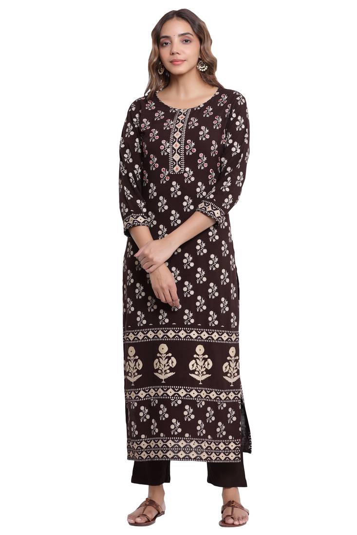 F Womens Rayon Handblock Print Straight Kurta Palazzo Dupatta (Coffee Brown)
