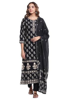 F Womens Rayon Handblock Print Straight Kurta Palazzo Dupatta (Black) 1