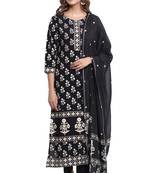 F Womens Rayon Handblock Print Straight Kurta Palazzo Dupatta (Black)