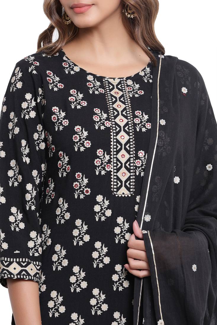 F Womens Rayon Handblock Print Straight Kurta Palazzo Dupatta (Black)