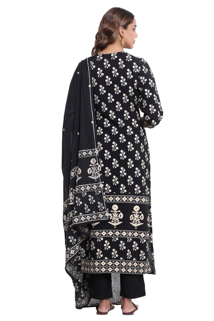 F Womens Rayon Handblock Print Straight Kurta Palazzo Dupatta (Black)