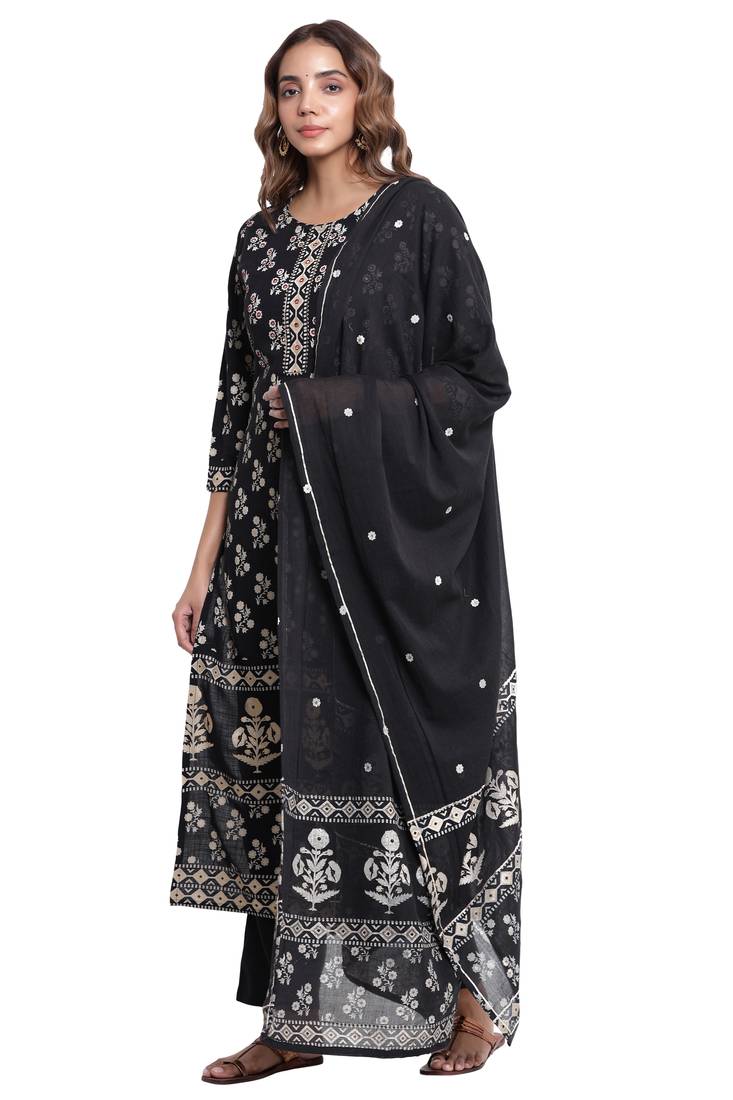 F Womens Rayon Handblock Print Straight Kurta Palazzo Dupatta (Black)