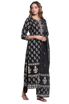 F Womens Rayon Handblock Print Straight Kurta Palazzo Dupatta (Black) 5