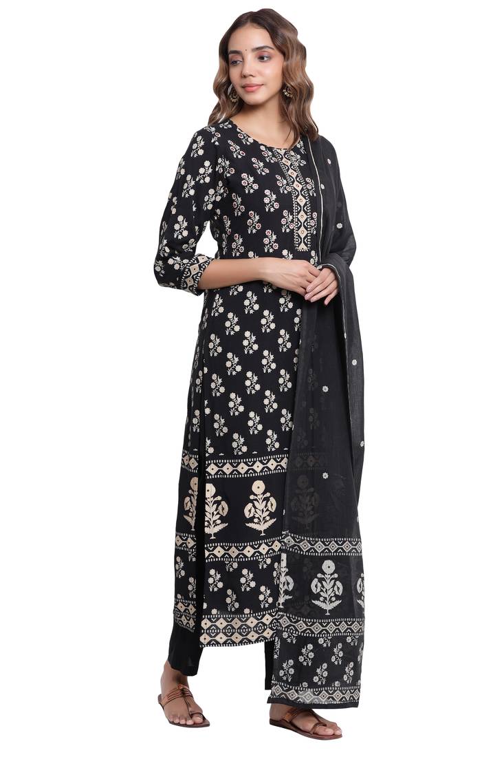 F Womens Rayon Handblock Print Straight Kurta Palazzo Dupatta (Black)