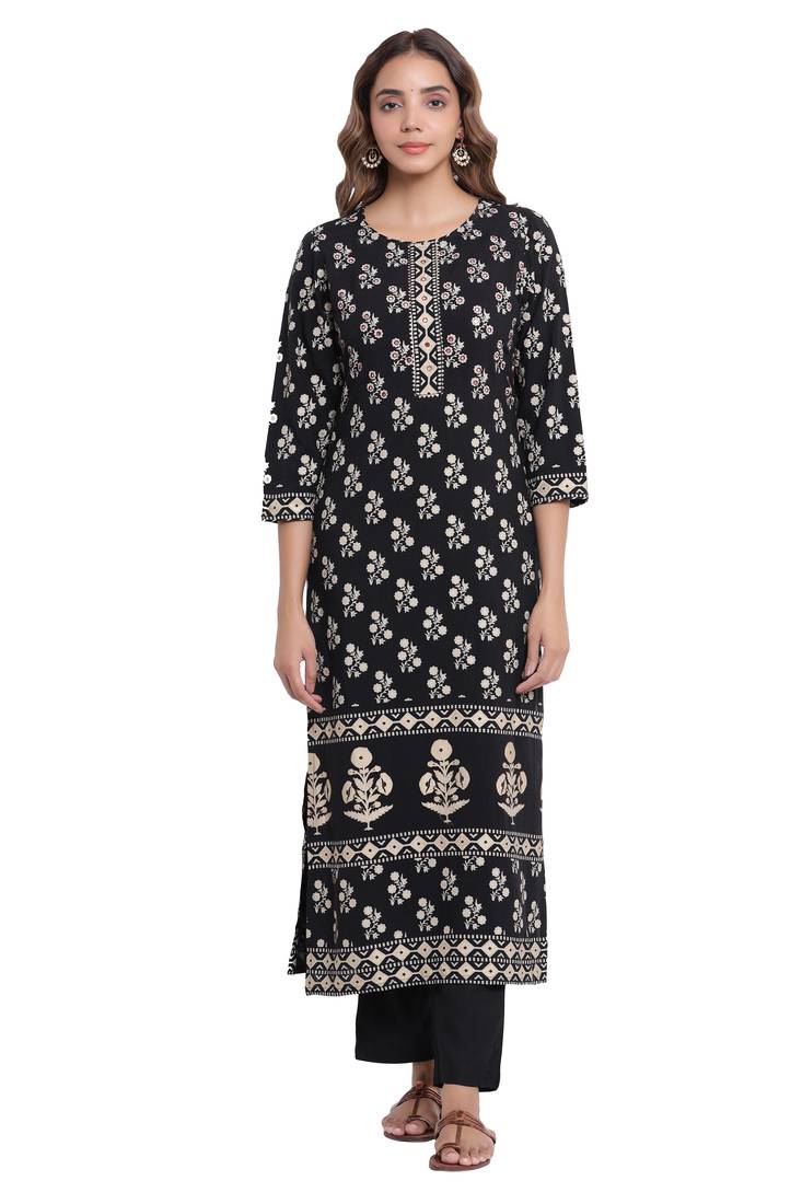 F Womens Rayon Handblock Print Straight Kurta Palazzo Dupatta (Black)