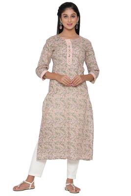 F Womens Cotton Cambric Traditional block Print Straight Kurta Pant Set (Peach) 1
